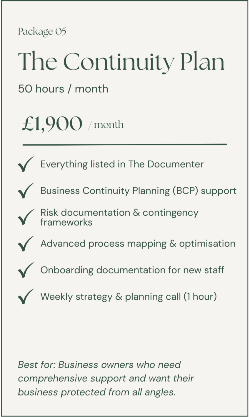 Pricing plan details for 'The Continuity Plan' offering 50 hours per month at 1,900 GBP, including services like documentation, business continuity planning, risk documentation, process mapping, onboarding, and weekly strategy calls, aimed at business owners seeking comprehensive support.