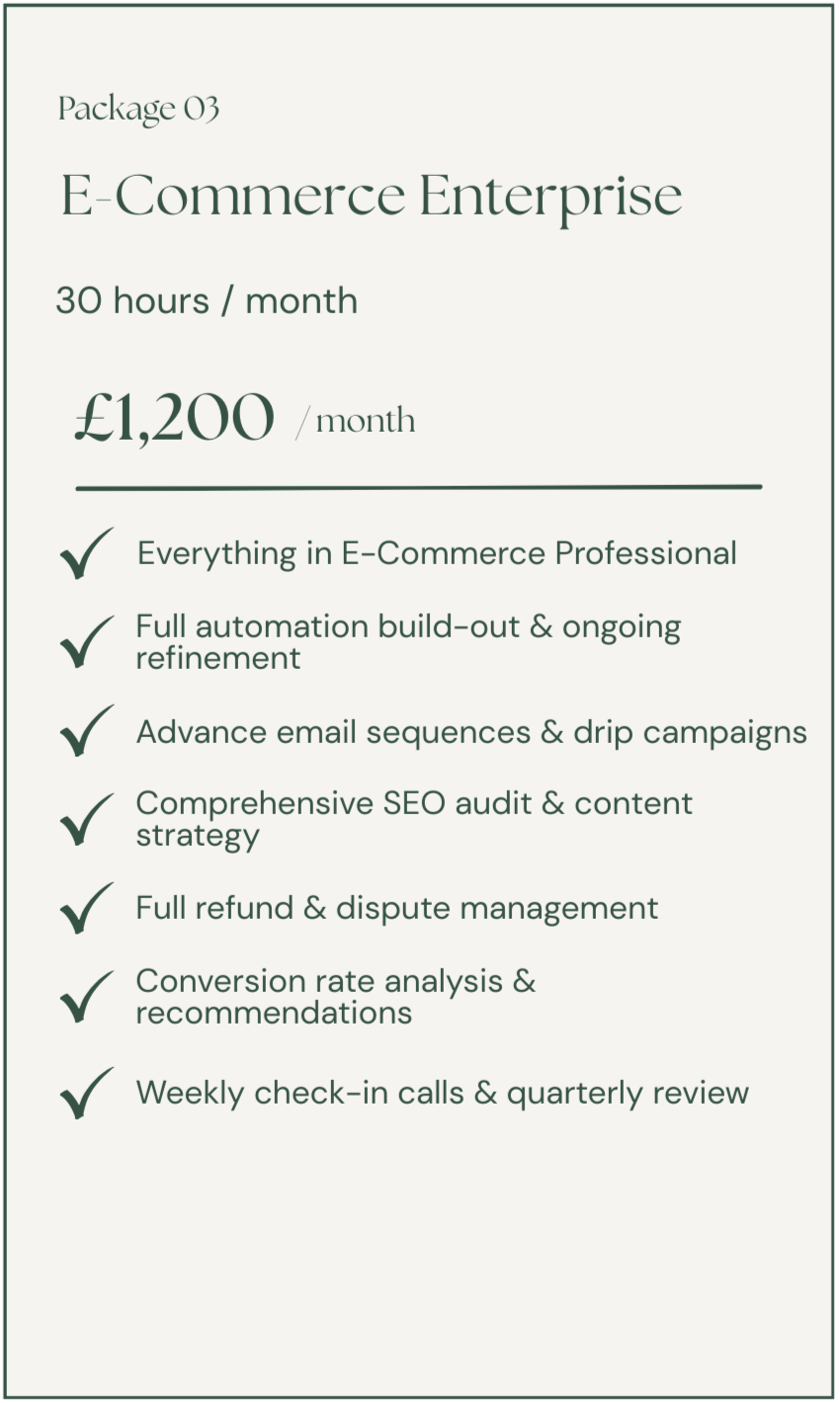 Pricing plan card for E-Commerce Enterprise service, priced at 1,200 British pounds per month, offering 30 hours of service, with features including full automation, email sequences, SEO audit, refunds, conversion analysis, and weekly calls.