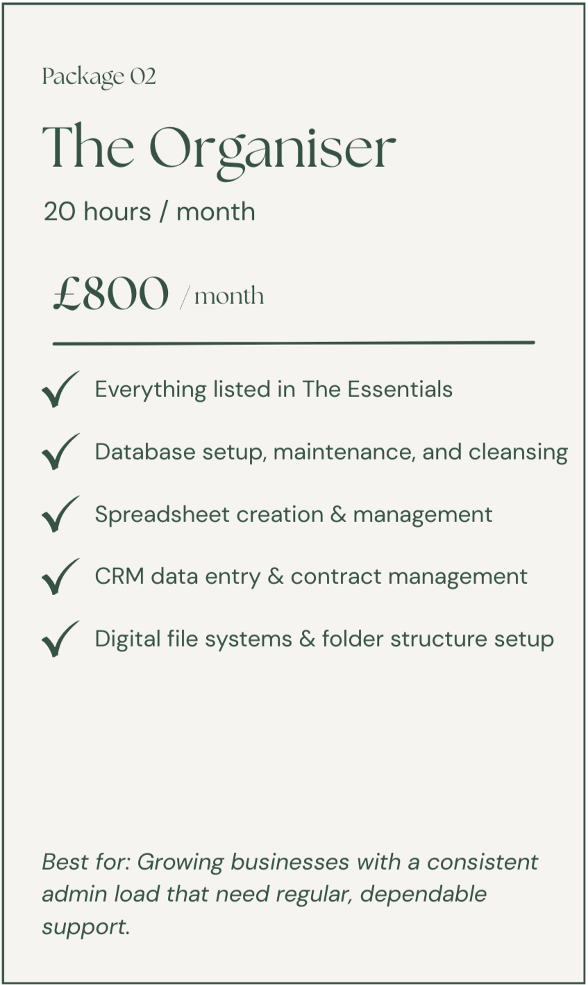 Pricing details for The Organiser package, $800 per month, includes services like database setup, maintenance, and spreadsheet management, suitable for growing businesses with admin support needs.