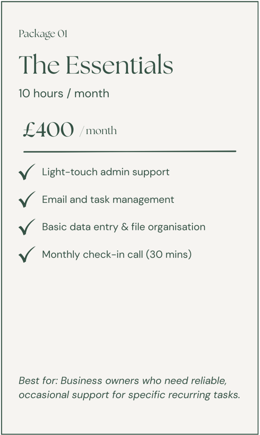 Pricing details for 'The Essentials' package, costing 400 pounds per month, including features like admin support, email and task management, data entry, and monthly check-in calls.