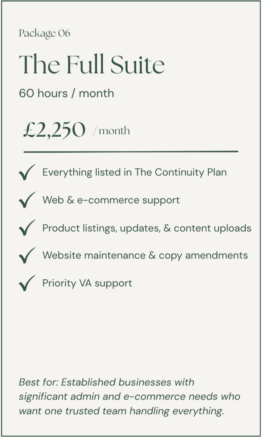 Pricing plan details for "The Full Suite," a package costing 2,250 British pounds per month, offering 60 hours of service per month, including features like continuity plan, web and e-commerce support, product updates, website maintenance, and priority VA support, targeted at established businesses with e-commerce needs.