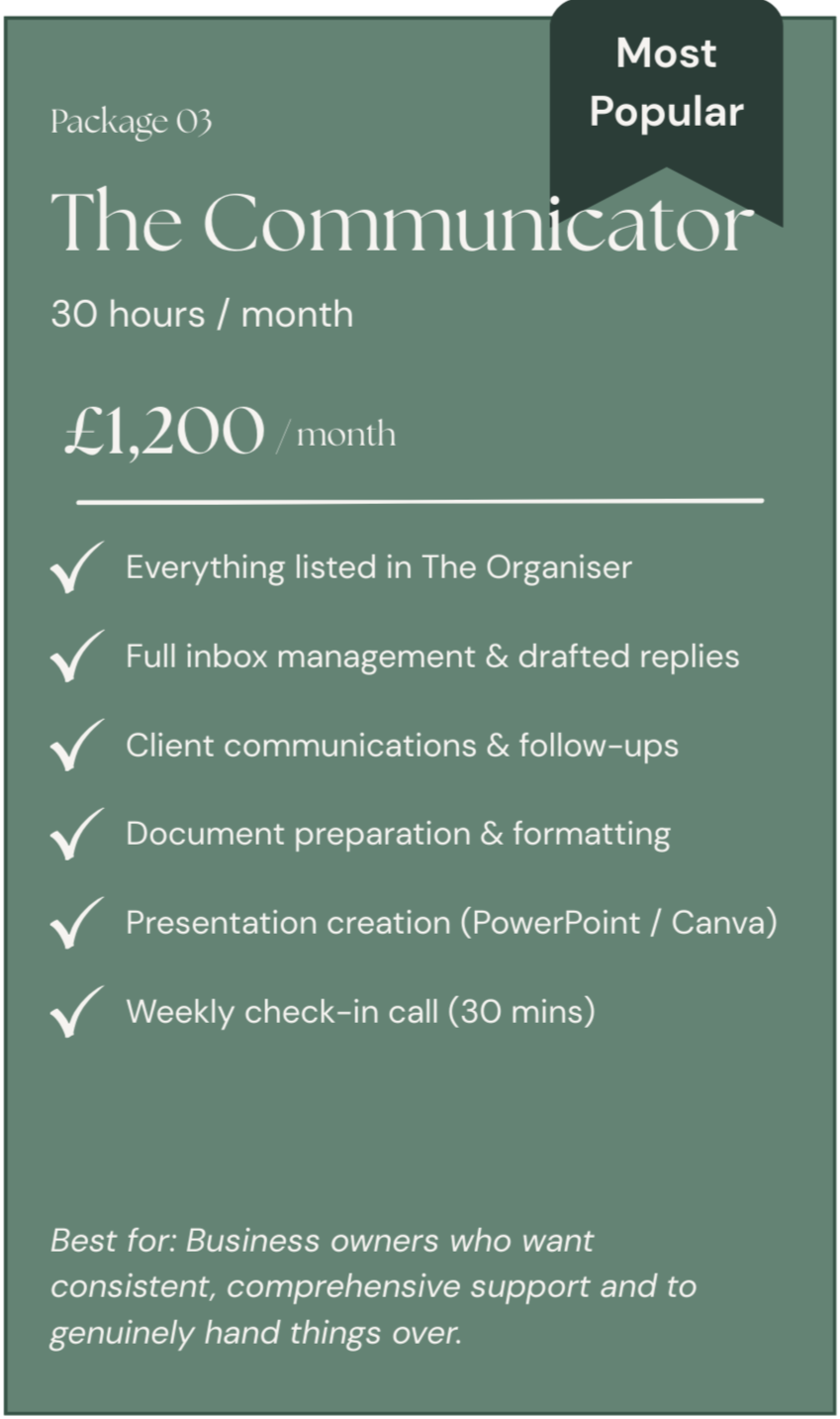 A green promotional flyer listing services for The Communicator, a package costing £1,200 per month for 30 hours, including management, client communication, document formatting, presentation creation, and weekly check-ins. It features a 'Most Popular' badge at the top.
