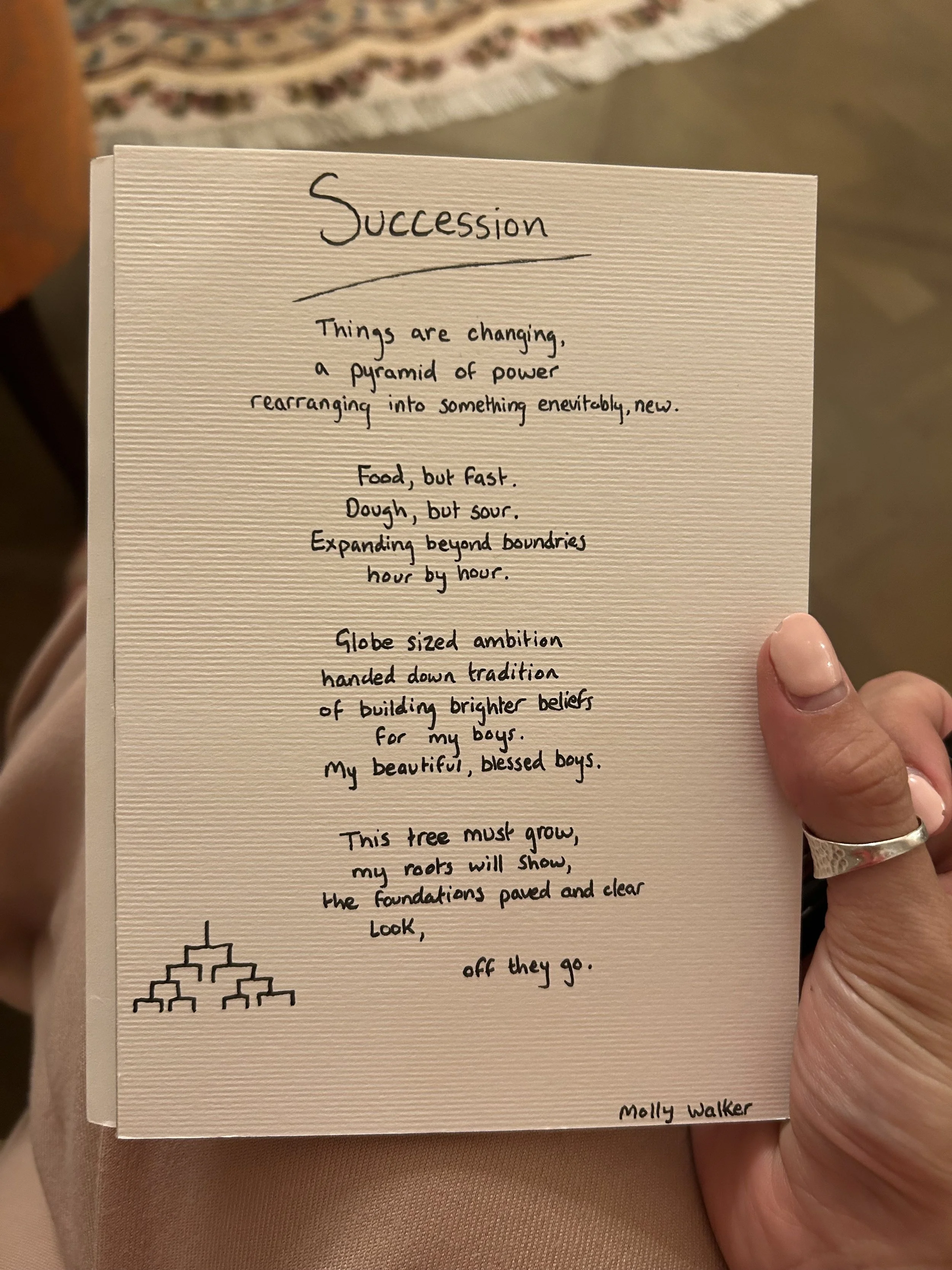 A handwritten poem titled 'Succession' with a small drawing of a pyramid of bricks in the bottom left corner.