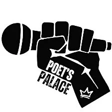 A graphic of a hand holding a microphone, with a crown and lightning bolt symbol, and text that reads 'Poet's Palace'.