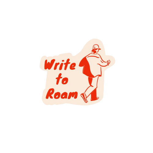A cartoon character of a man with a mustache, glasses, and a fedora hat walking while holding a book. Beside him, a sign reads 'Write to Roam' in red text.