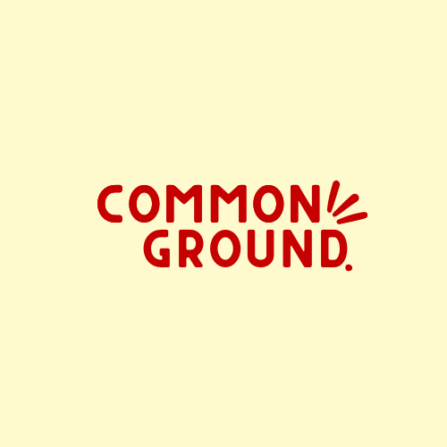Logo with the words 'Common Ground' in red and a small graphic element resembling three lines or rays near the top right of the text, on a light yellow background.