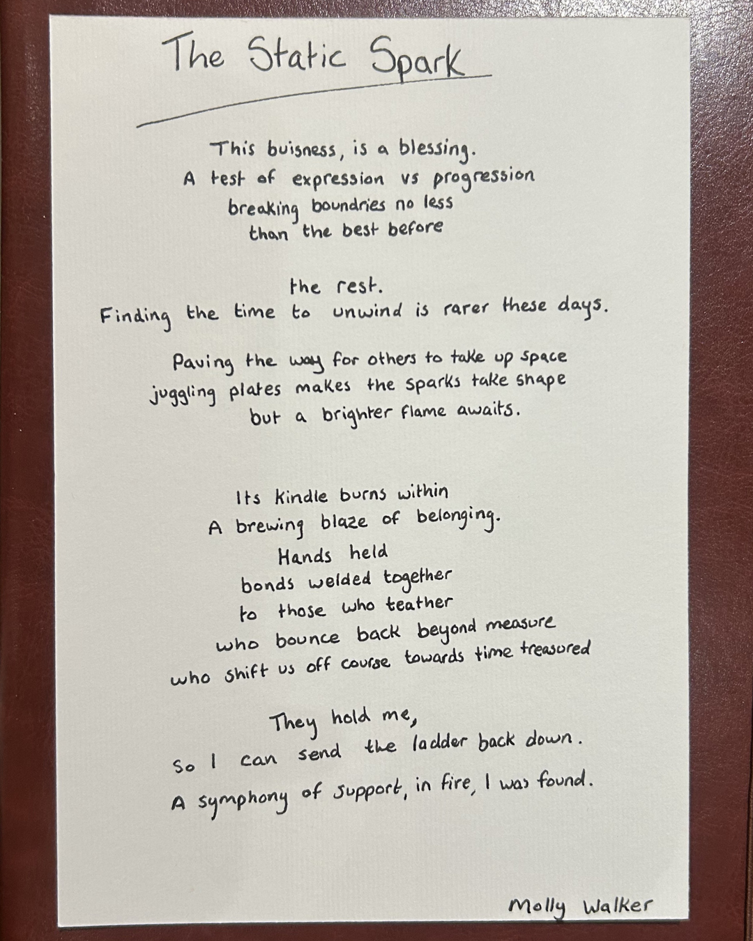 A handwritten poem titled 'The Static Spark' on a white sheet of paper. The poem discusses the themes of expression, relaxation, support, and resilience. The poem is signed by Molly Walker at the bottom.