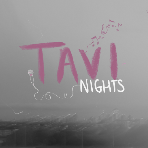 Handwritten sign with pink and white text reading 'Tavi Nights', with a microphone and musical notes doodled around it, against a gray background.