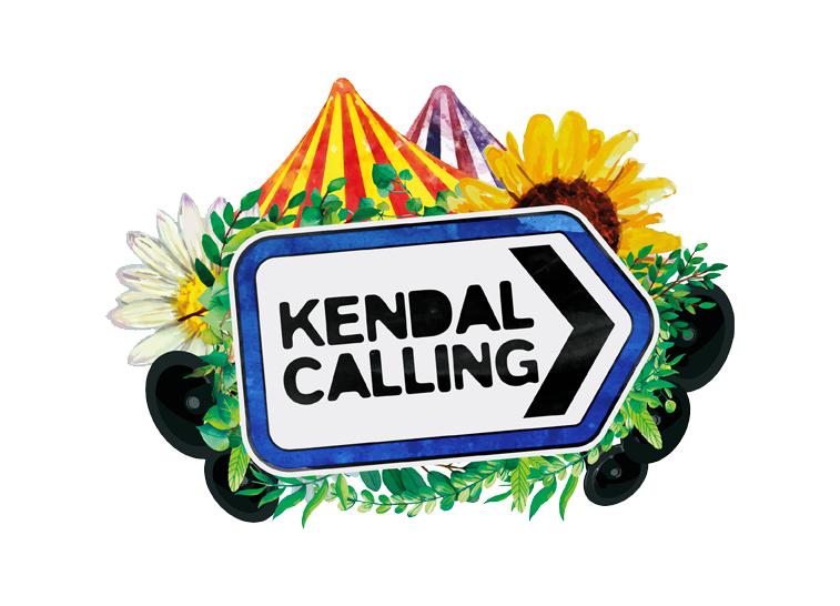 Colorful graphic with a banner reading 'KENDAL CALLING' in bold letters, surrounded by festival elements like a yellow sunflower, a white daisy, a purple tent, and musical speakers.