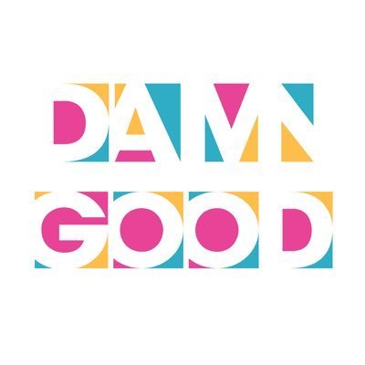 Colorful geometric text spelling 'DAMN GOOD' in pink, blue, and yellow.