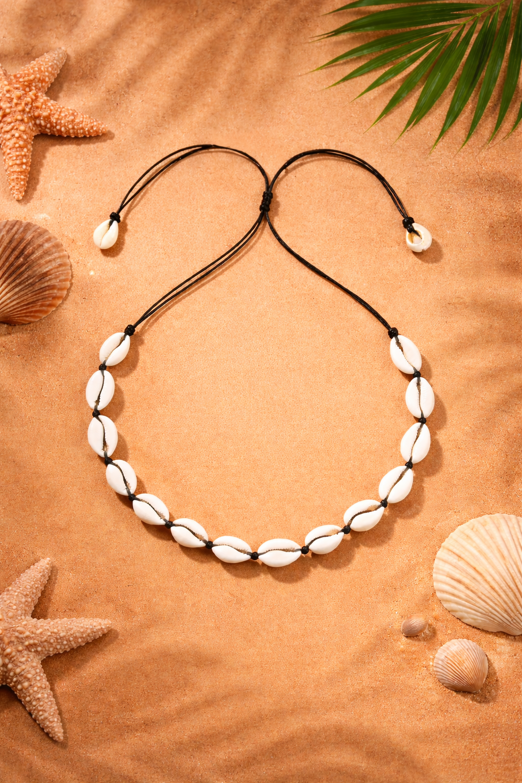 A shell necklace on a sandy surface surrounded by seashells, starfish, and a green palm leaf.
