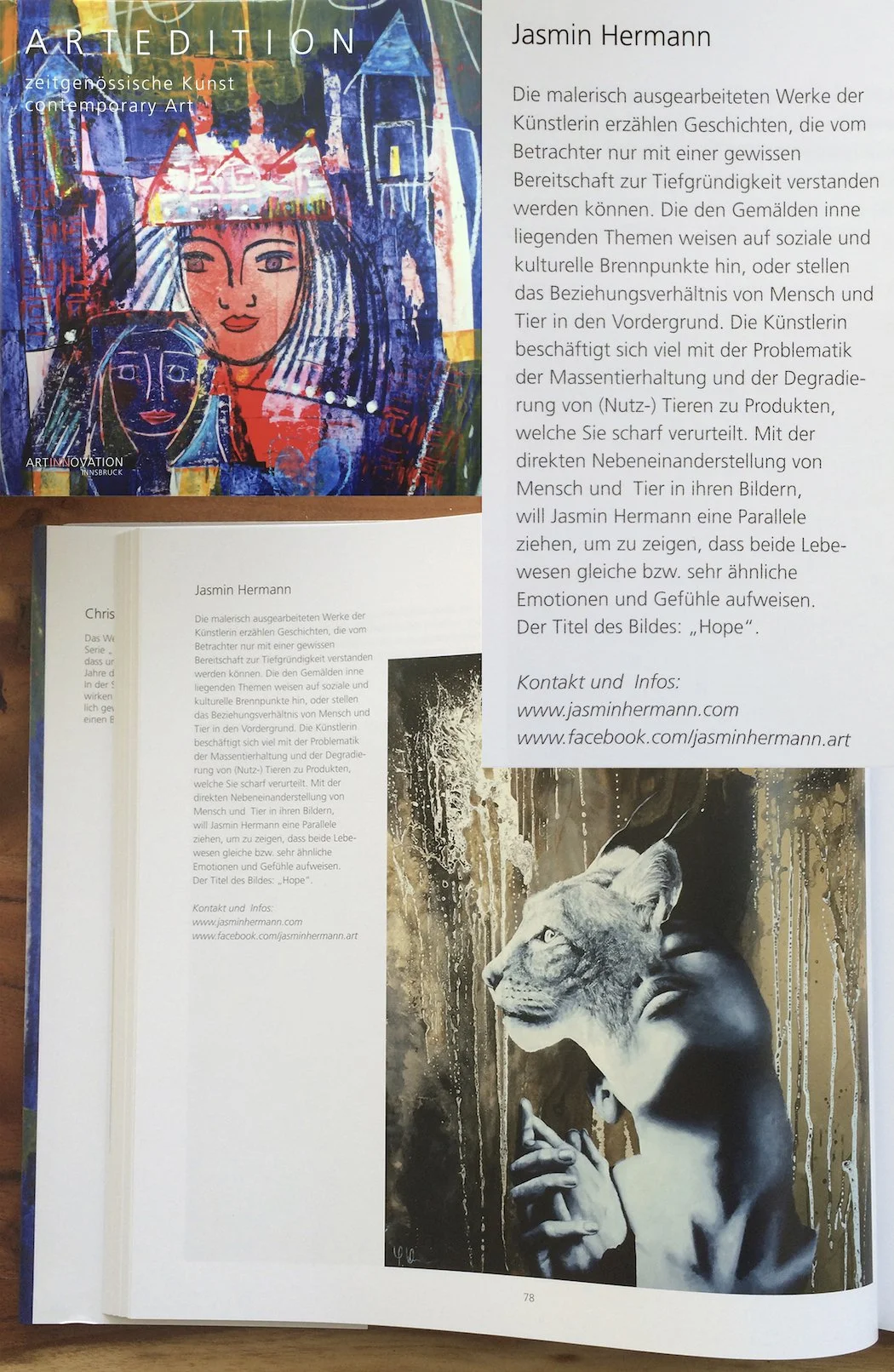 Two pages of an art exhibition catalog featuring contemporary art. The top page displays an abstract, colorful painting of a woman with the title 'ARTEDITION' and information about the artist, Jasmin Hermann. The bottom page shows a black and white photorealistic painting of a woman with a dog’s head in a contemplative pose, with some paint splatters in the background. There are text descriptions about the artwork and artist on both pages.