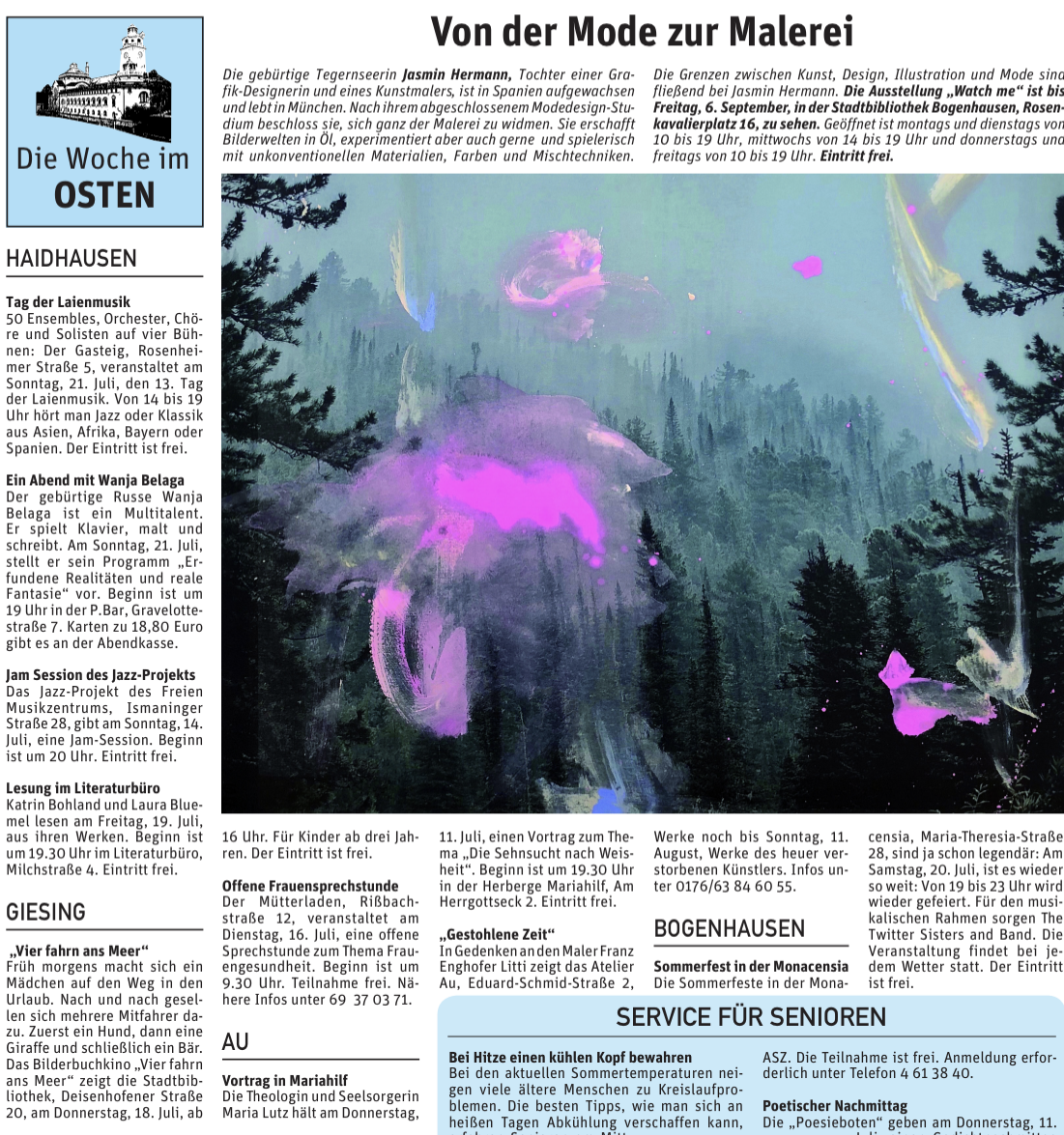 Colorful abstract digital artwork with pink and purple swirling patterns over a dark forest background.