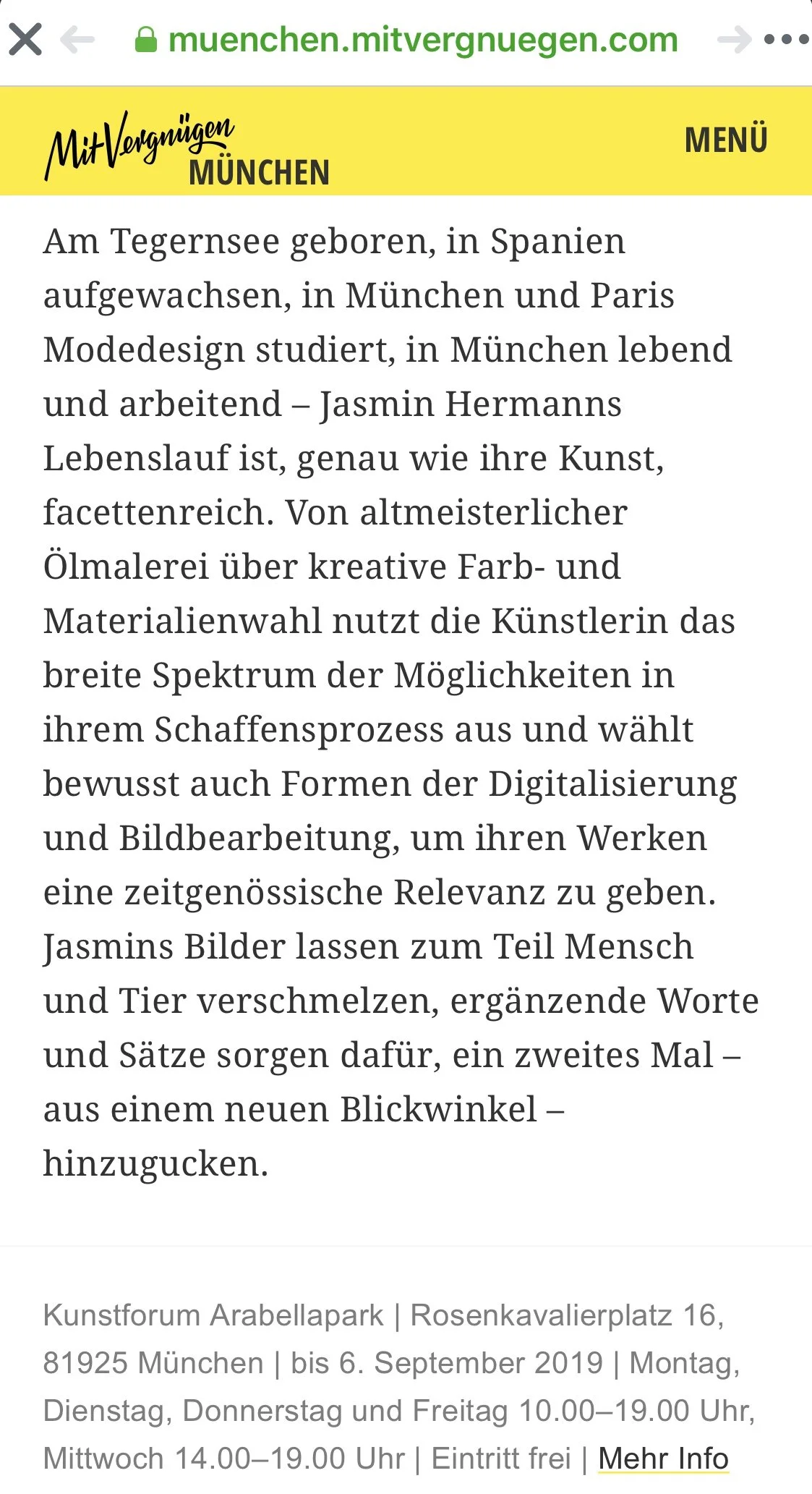 A screenshot of a website page featuring an artist named Jasmin Hermanns, discussing her background and artistic approach, including painting and digital art, with an exhibition at Kunstforum Arabellapark in Munich.