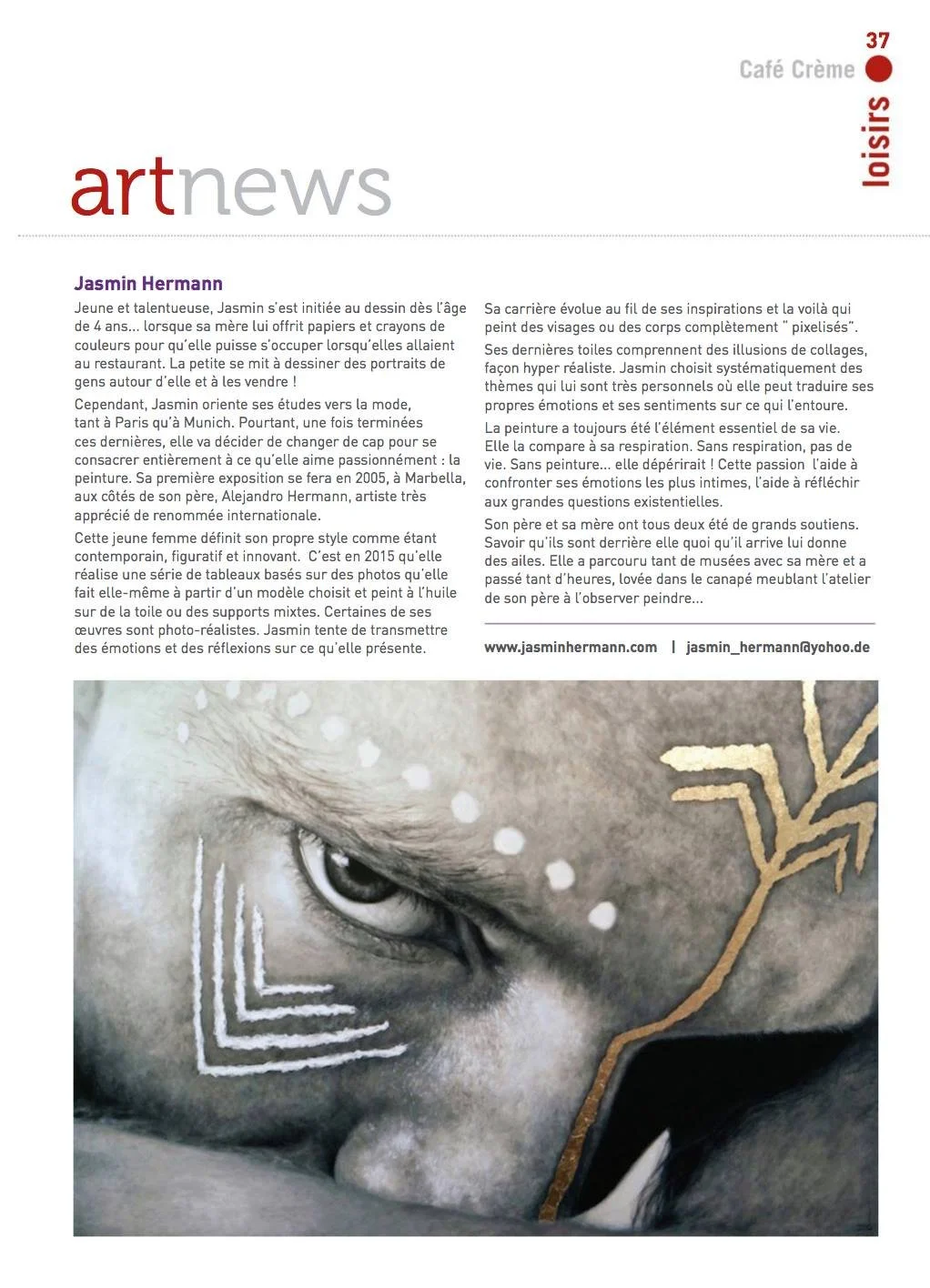 Close-up of a person's face with white face paint and geometric designs, featuring a prominent eye.