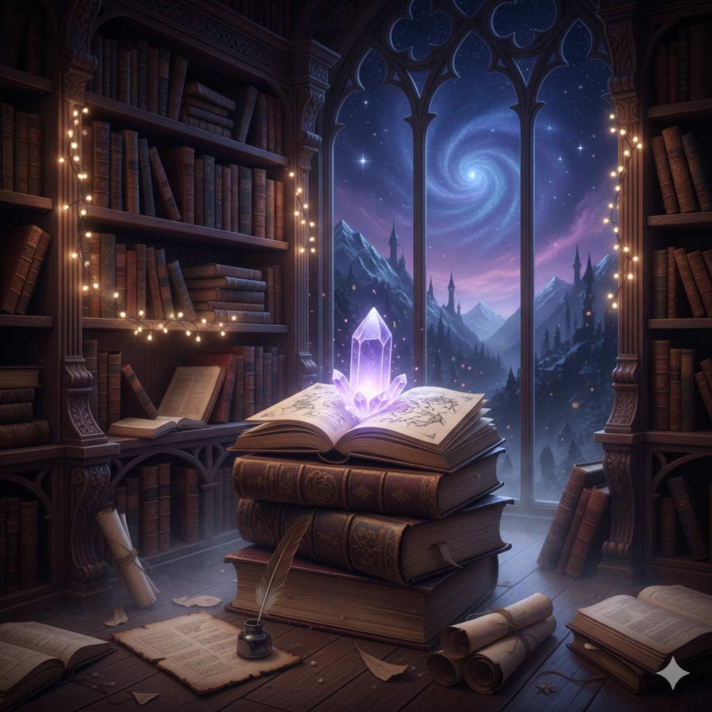 A magical scene inside a wizard's library with shelves of old books, twinkling fairy lights, and an open book with a glowing purple crystal emanating magical energy. Outside the large arched window, a starry night sky with a swirling galaxy, mountains, and castle spires are visible.