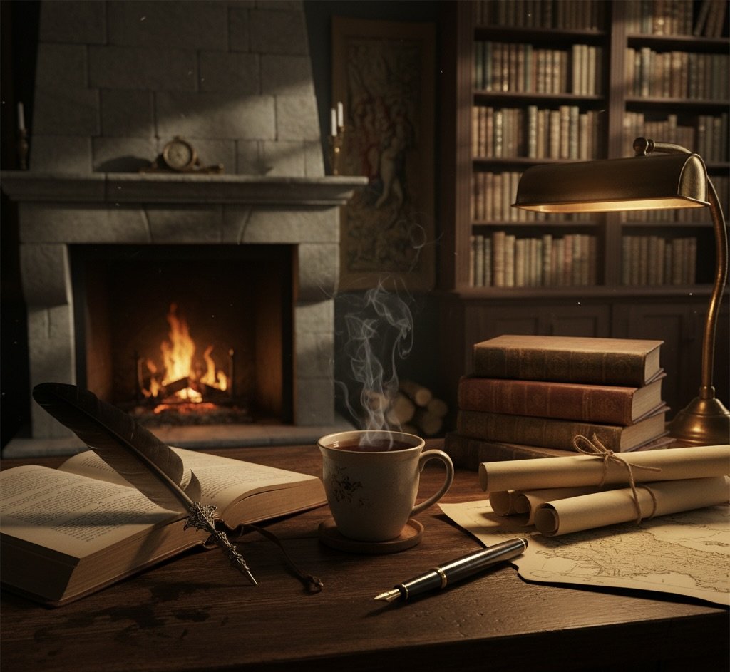 A cozy library scene with a lit fireplace, an open book with a quill, a steaming cup, stacked old books, rolled maps tied with string, a pen, and a brass desk lamp. There are bookshelves filled with books in the background.