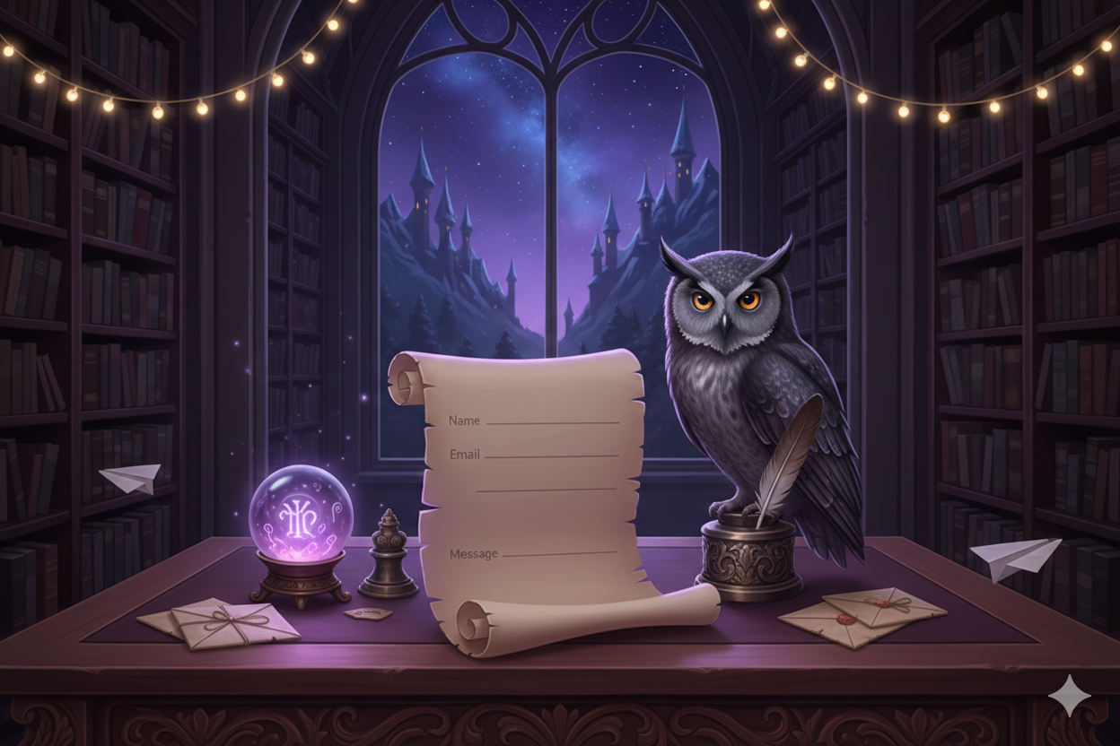 Interior of a mystical library with dark shelves filled with books, lit by string lights. A table holds a crystal ball, a quill, parchment scroll with fillable fields, and sealed envelopes. A large window shows a starry night sky with purple hues, mountains, and castles. An owl with piercing eyes perches on the right side of the table.