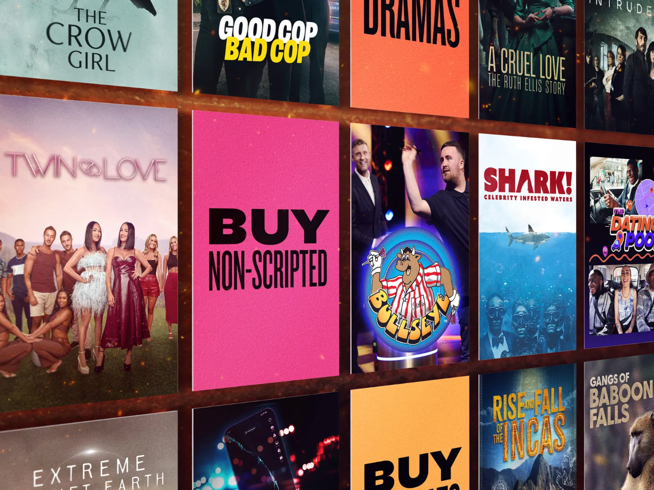 A grid of various TV show and movie posters, including titles like "The Crow Girl," "Good Cop Bad Cop," "Dramas," "A Cruel Love," "Twin Love," "Buy Non-Scripted," "Shark!" and "Rise and Fall of the Incas."