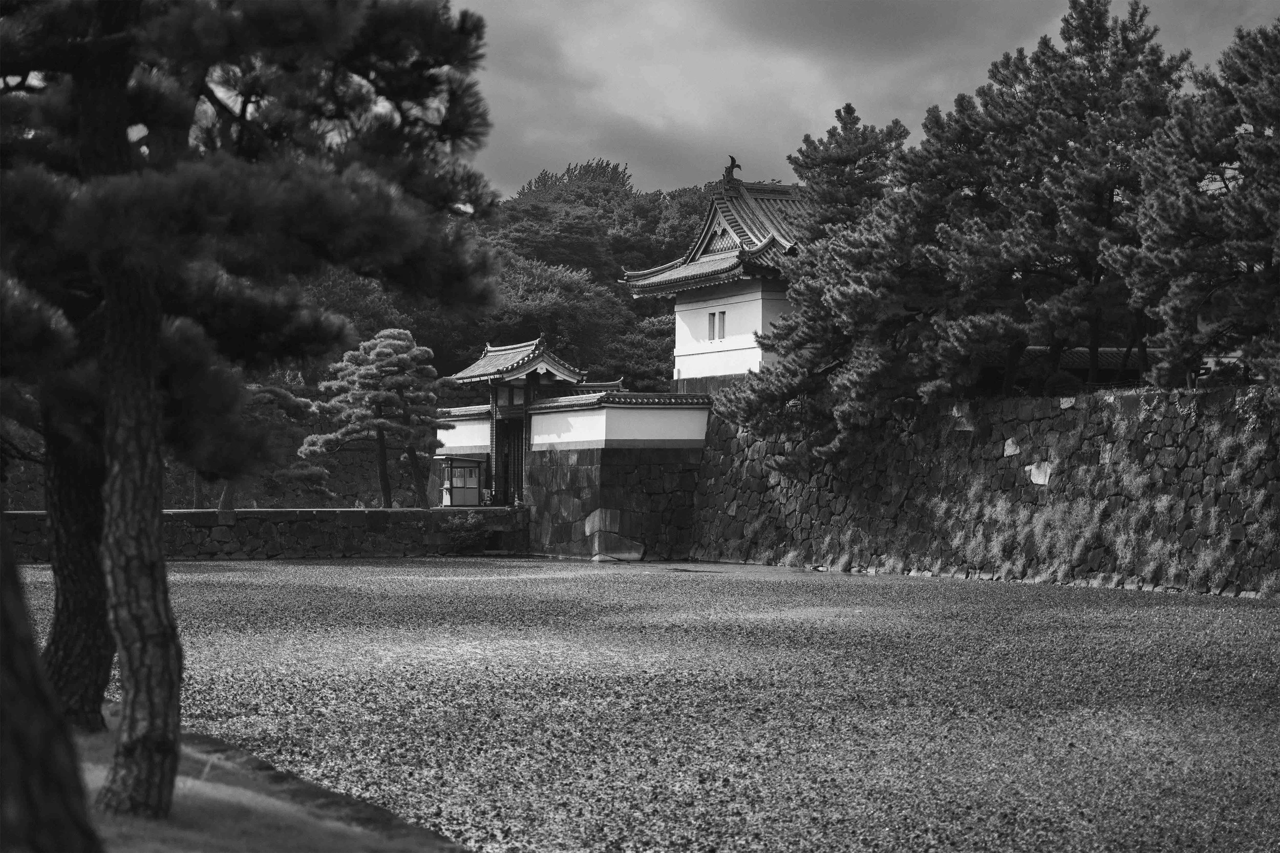 Photographie en noir et blanc d’un paysage architectural japonais montrant une porte et des bâtiments traditionnels entourés de pins et de murs de pierre. La composition minimaliste met en valeur l’harmonie entre architecture et nature, avec un vaste