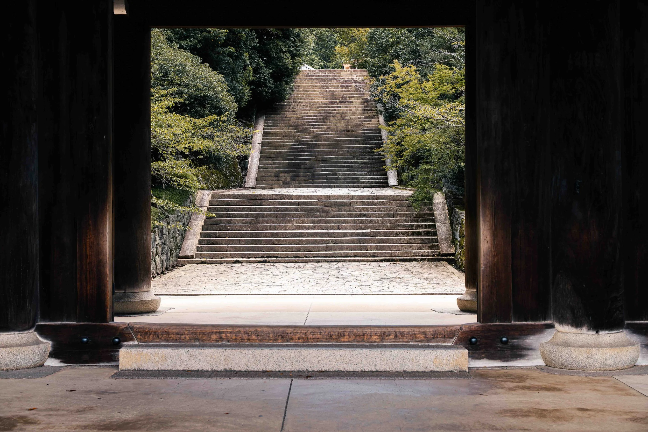 Passage encadré par la végétation et l’architecture. Image de transition, travail sur la profondeur, l’entrée dans le lieu et la sensation d’espace.