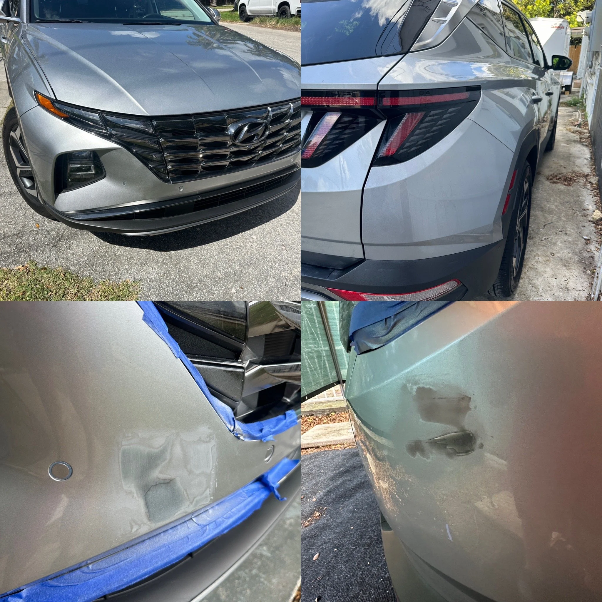 Close-up automotive touch-up paint repair on bumper and body panel damage in Miami.