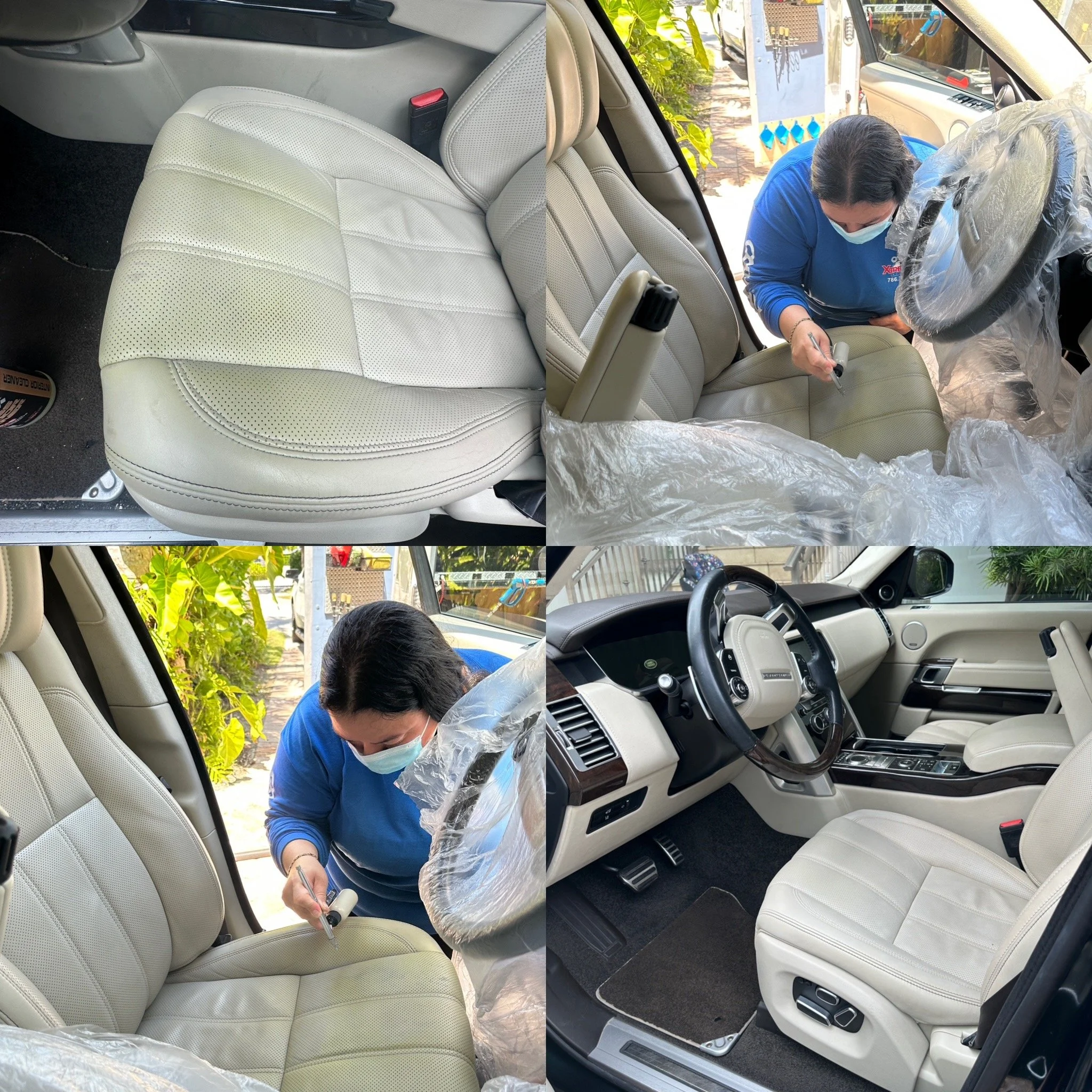 Land Rover leather seat restoration in Miami – cracked and worn interior professionally repaired and refinished.
