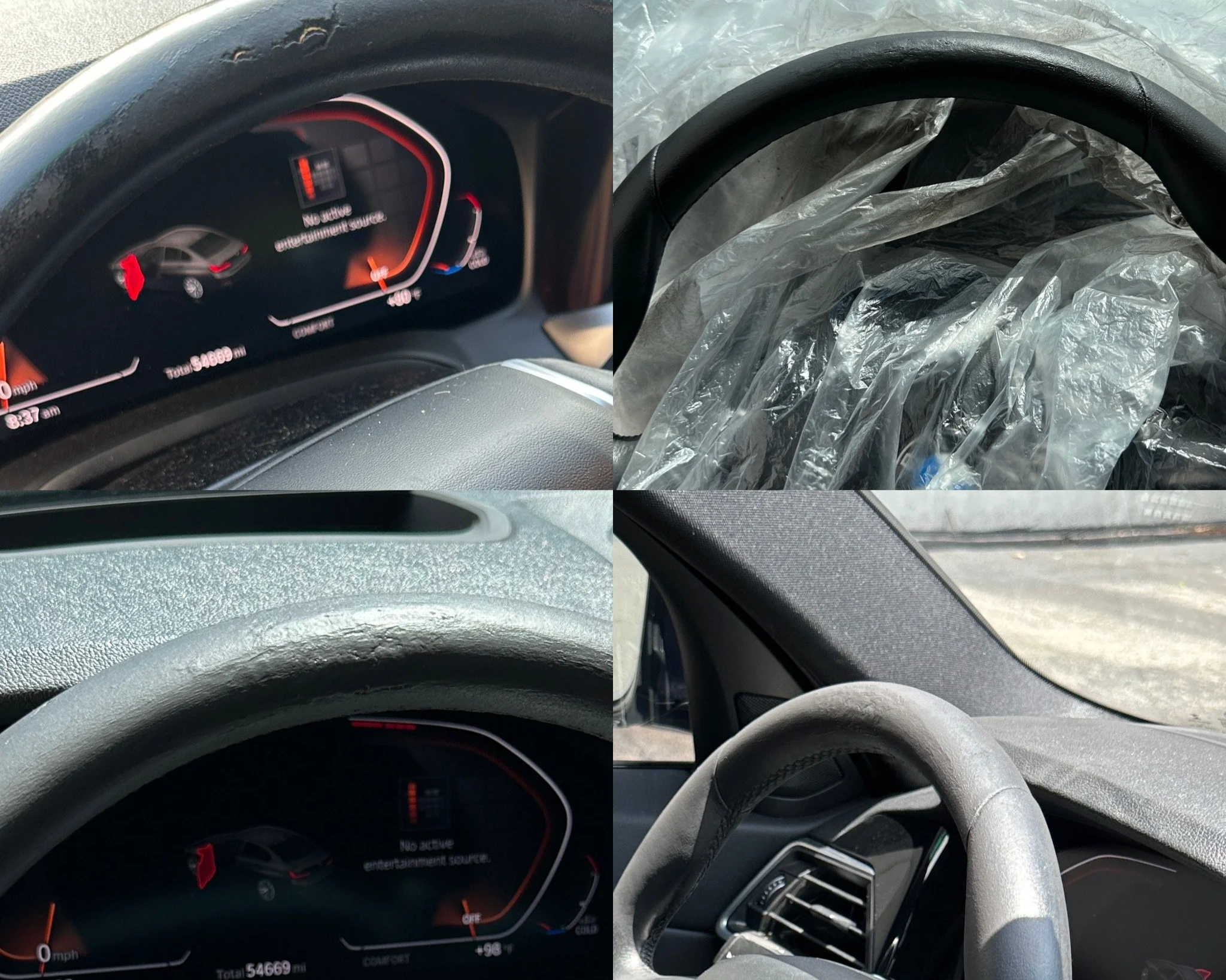 BMW leather steering wheel restoration in Miami – worn and peeling leather repaired and refinished.