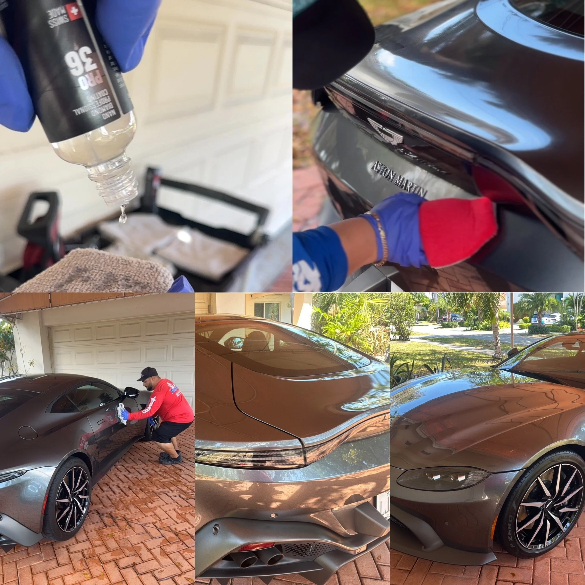 A man cleaning a brown Aston Martin sports car, including the rear and front sections, with a polish cloth, a spray bottle, and a cleaning cloth, outside in a driveway surrounded by greenery.