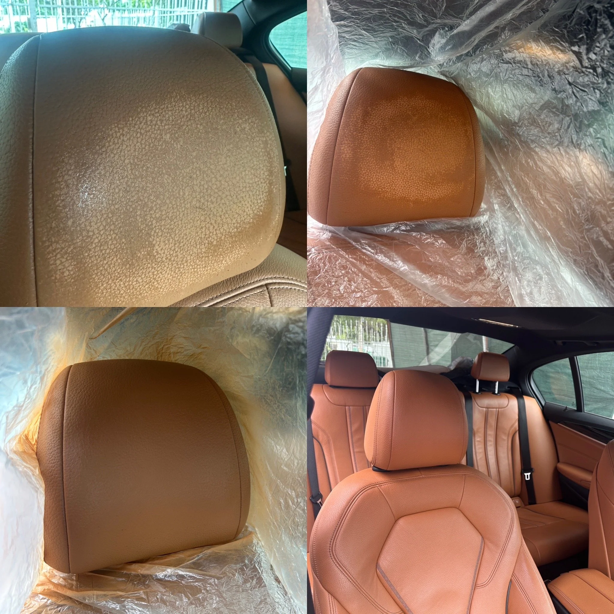 BMW leather headrest restoration in Miami – cracked and faded leather professionally repaired and refinished.car with newly reupholstered tan leather seats, including headrests and seatbacks.