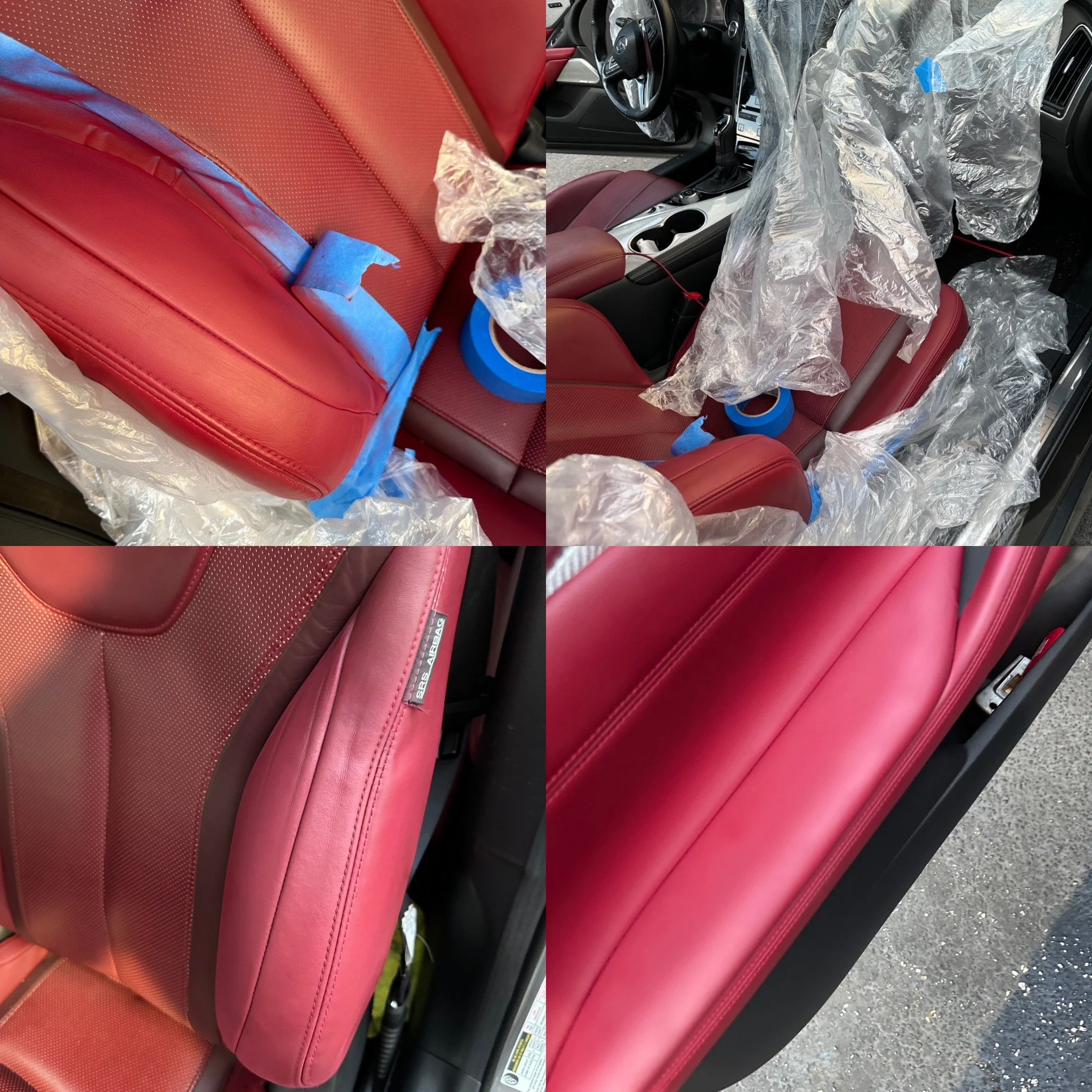 Red leather car seat restoration in Miami – damaged interior leather repaired and reconditioned.
