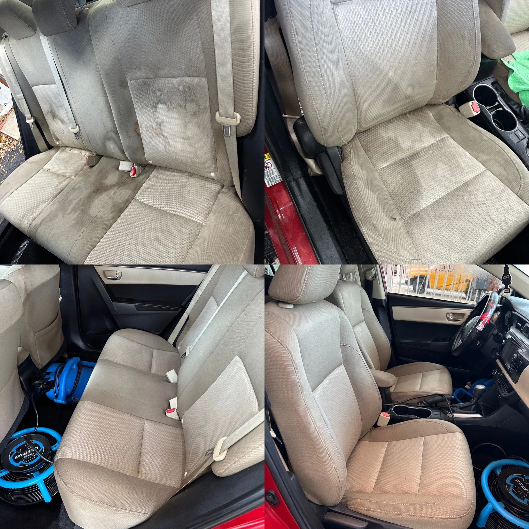 Vehicle interior detail with shampoo extraction, steam cleaning, ozone odor treatment, and drying fans for moisture removal by Xtreme Pro Detailers