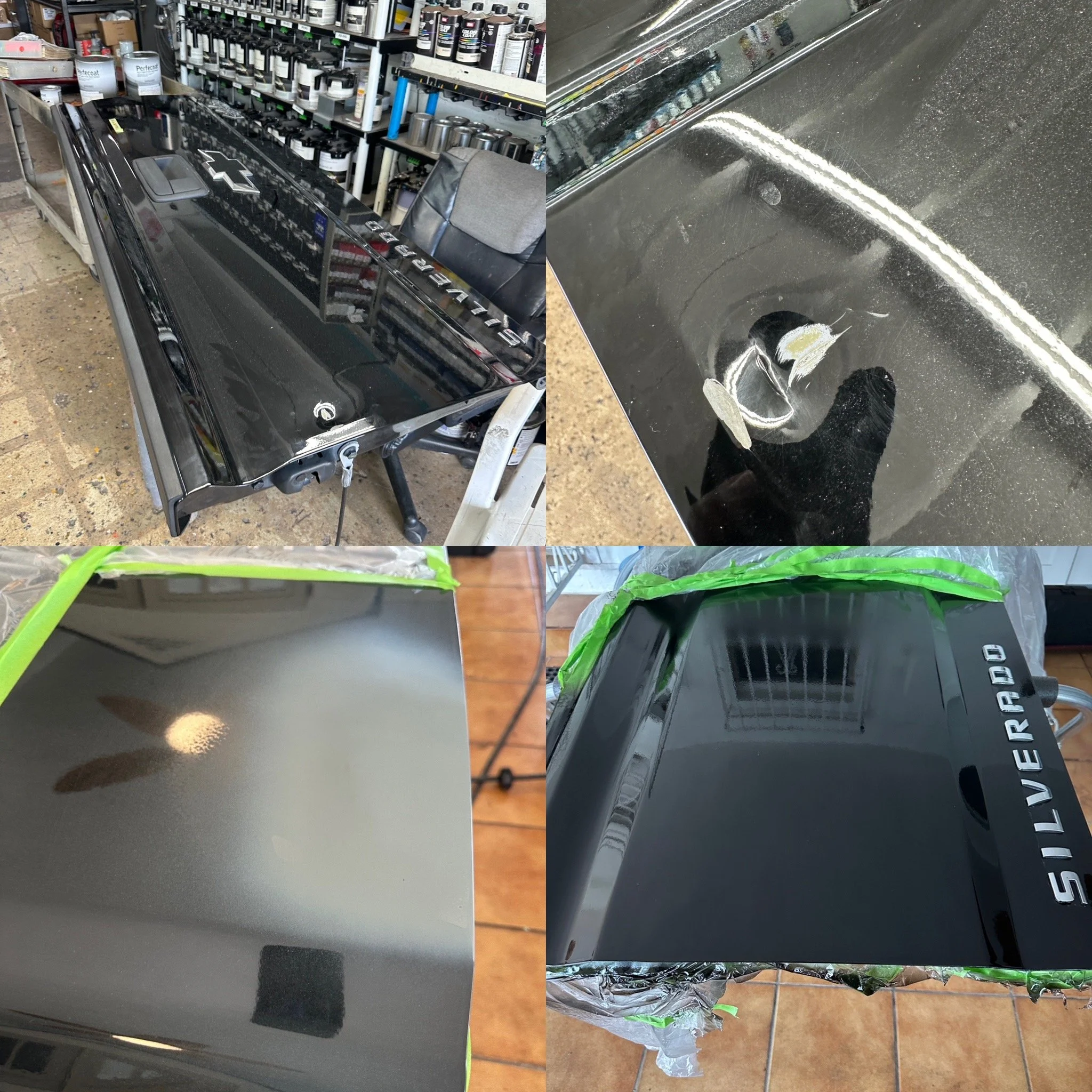 Chevy pickup truck body repair with Bondo filler and paint after backing into an object.