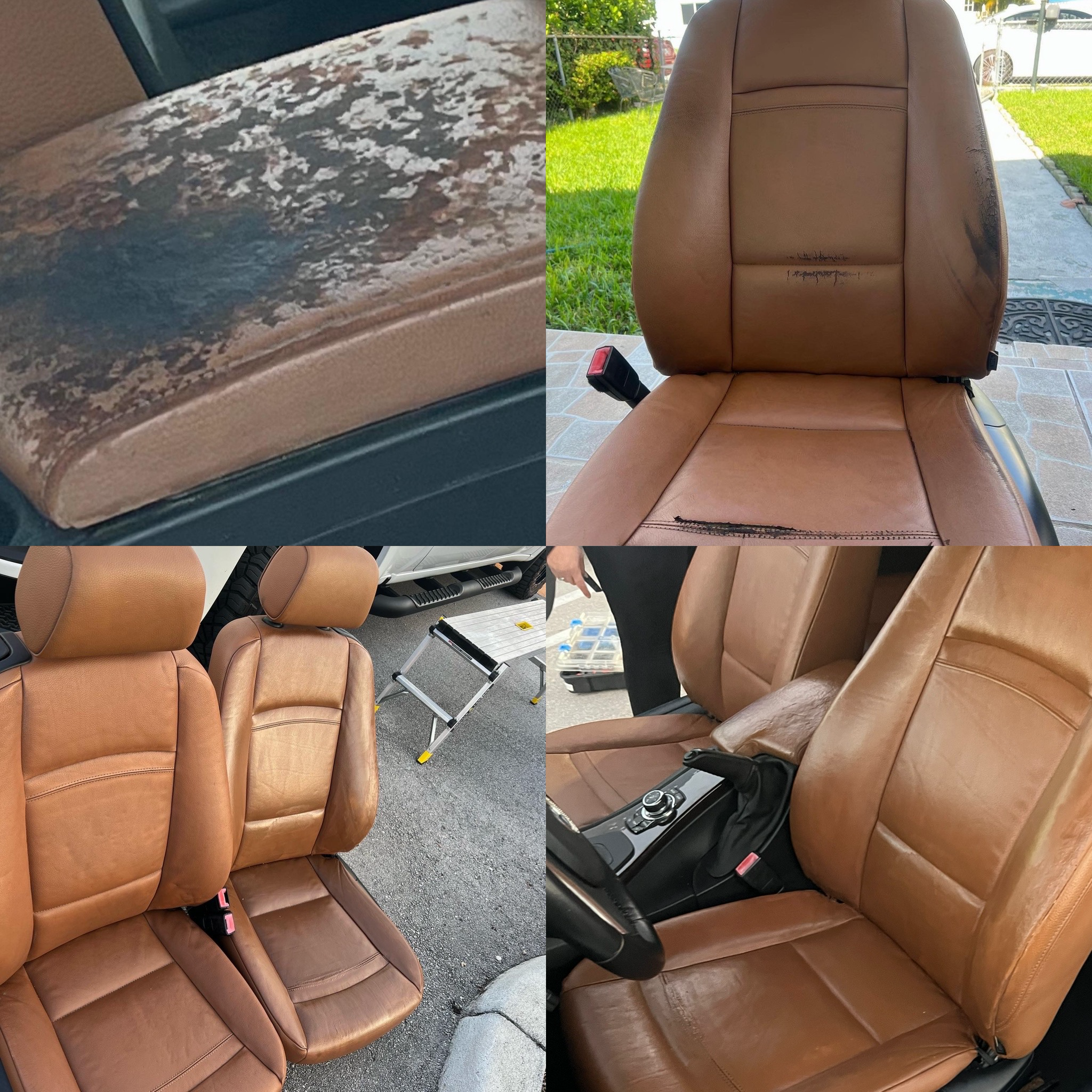 BMW leather seat restoration before and after in Miami – cracked and faded leather refinished to factory look.