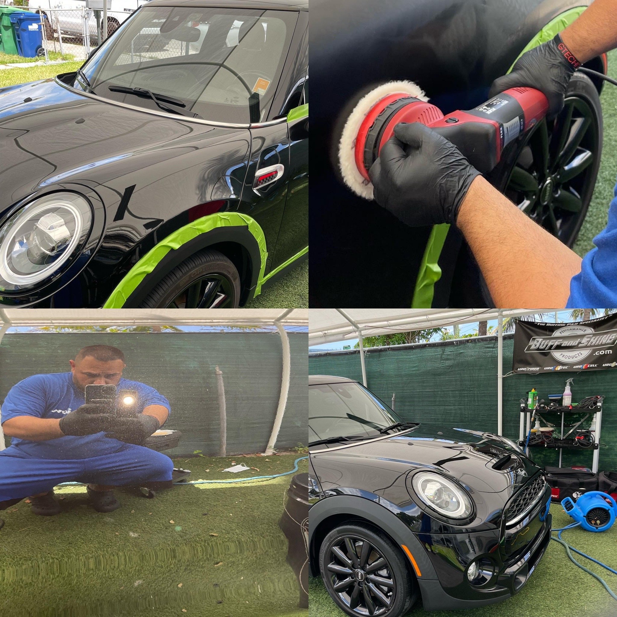 Four images showing the process of detailing a black Mini Cooper. The first image shows the car with green painter's tape applied to protect certain areas. The second image shows a person polishing the car with a power buffer. The third image captures a person crouched down taking a mirror selfie in a reflective surface while wearing gloves. The fourth image displays the cleaned and polished car under a tent with detailing tools and equipment in the background.