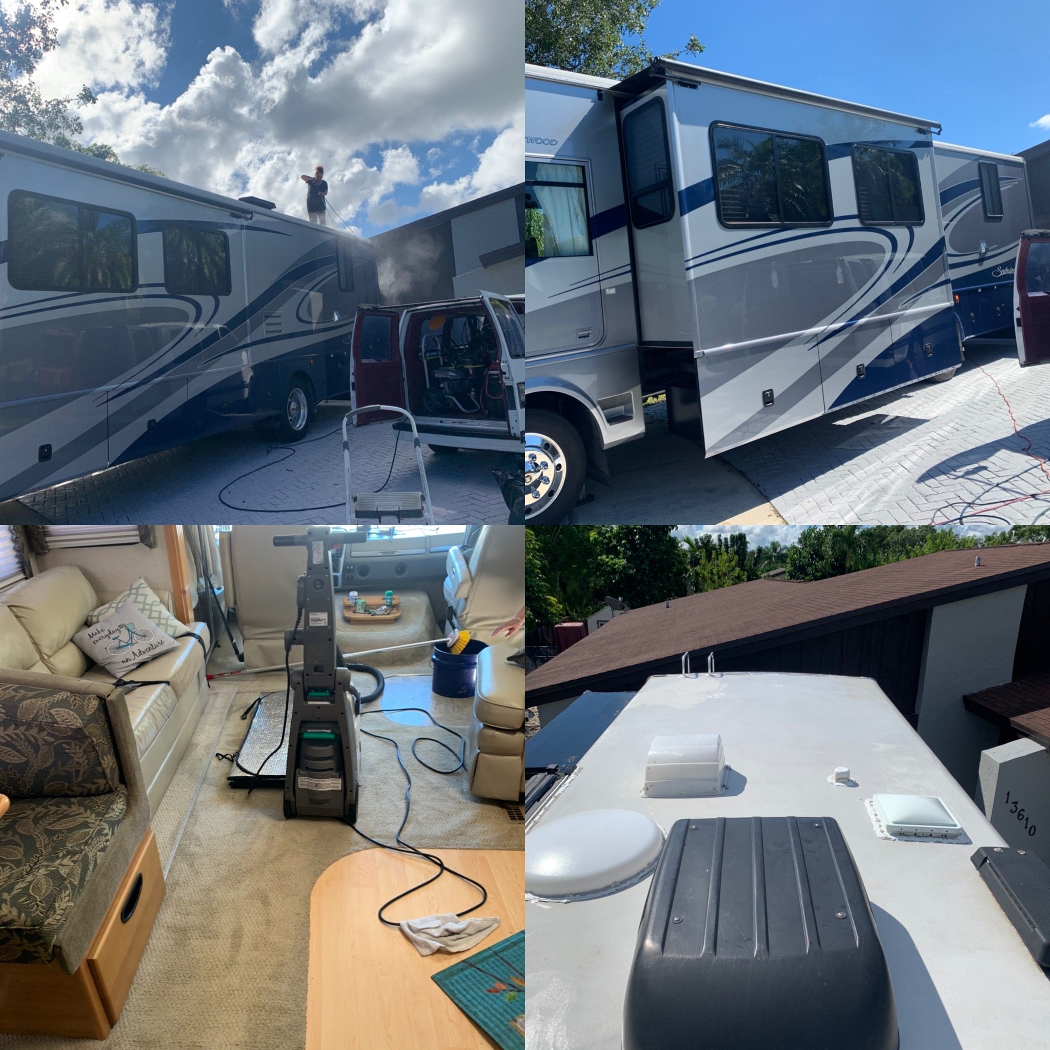 Collage of four images showing a process of cleaning or maintenance inside and outside a recreational vehicle (RV). The top two images depict an RV on the driveway with equipment and a worker cleaning or inspecting the roof. The bottom left image shows the interior living area with a vacuum cleaner and cleaning supplies. The bottom right image displays the RV's roof with various vent covers and equipment.