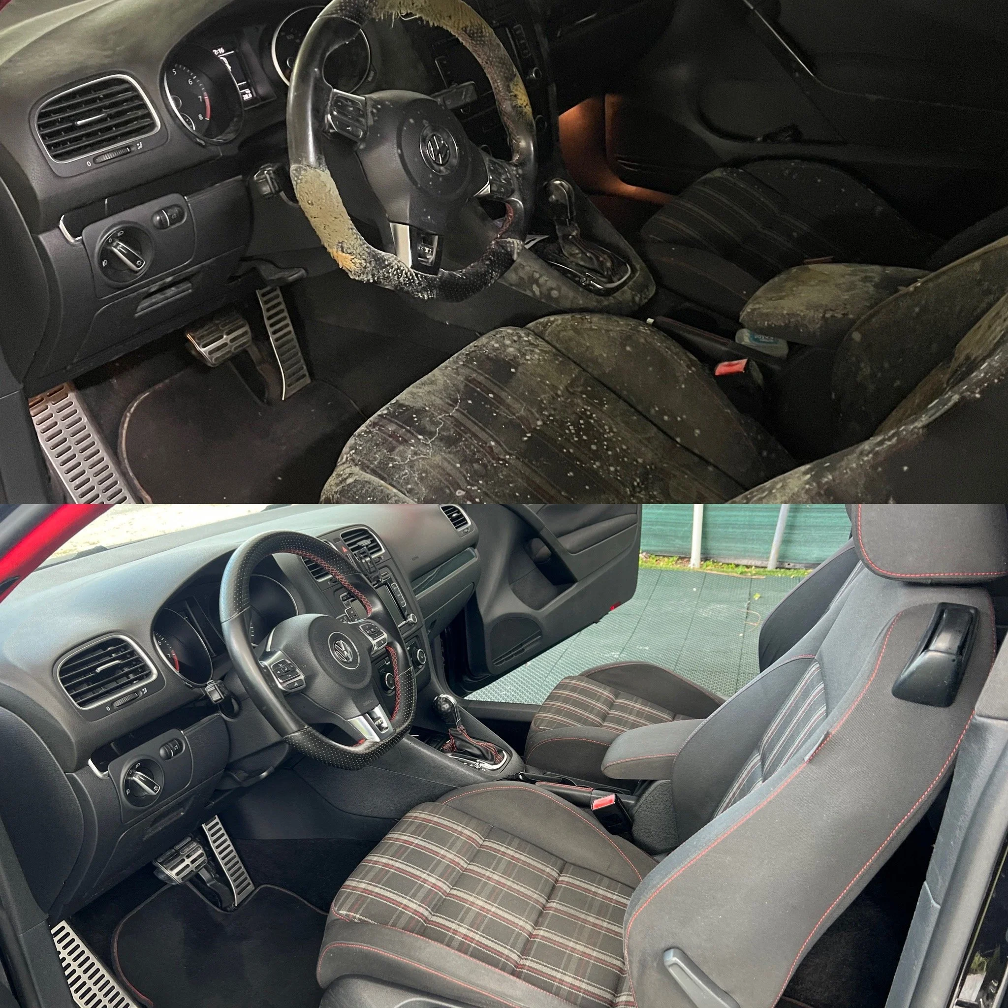 Comparison of two car interiors showing a significant cleaning difference: top image with dirty, stained seats and steering wheel, bottom image with clean, well-maintained seats and interior.