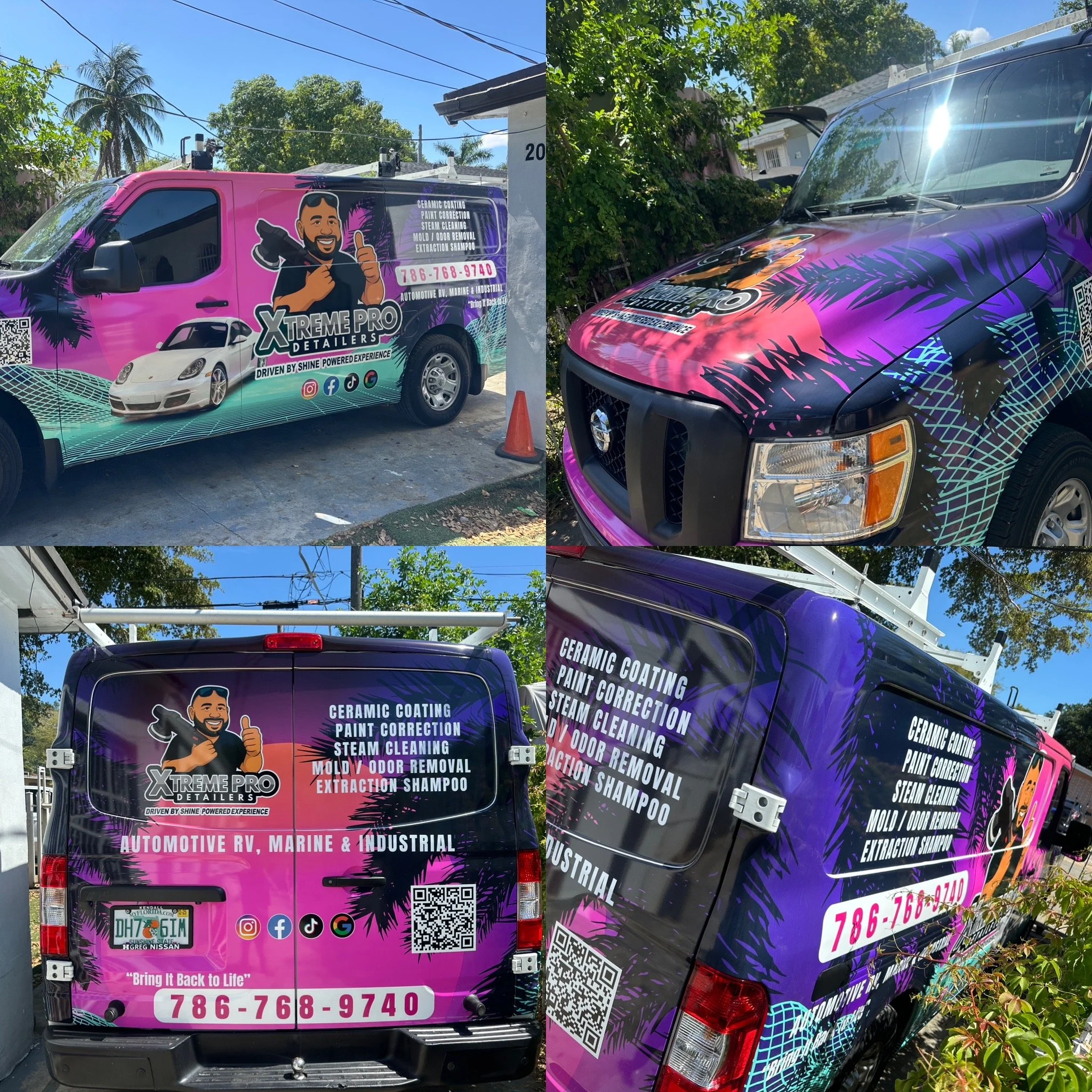 Colorful wrapping on a van showcasing details of Xtreme Pro Detailers, a company specializing in ceramic coating, paint correction, steam cleaning, mold and odor removal, and extraction shampoo for automotive, RV, marine, and industrial vehicles. The wrap features graphics of a smiling man giving a thumbs-up, a white sports car, and contact information including a phone number and QR codes.