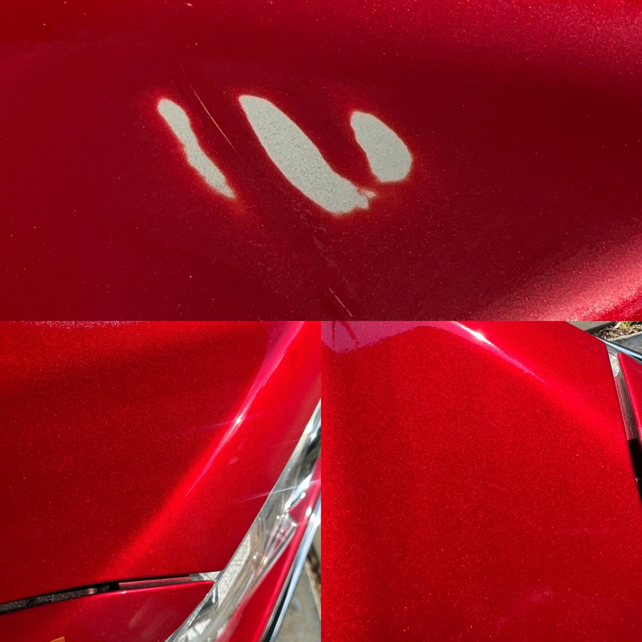 Hood paint repair and repainting after deep scratch damage on a red vehicle.