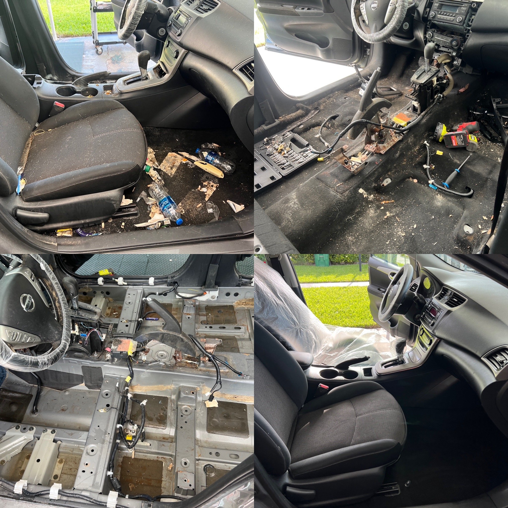 Flood-damaged vehicle mold remediation before and after in South Florida.