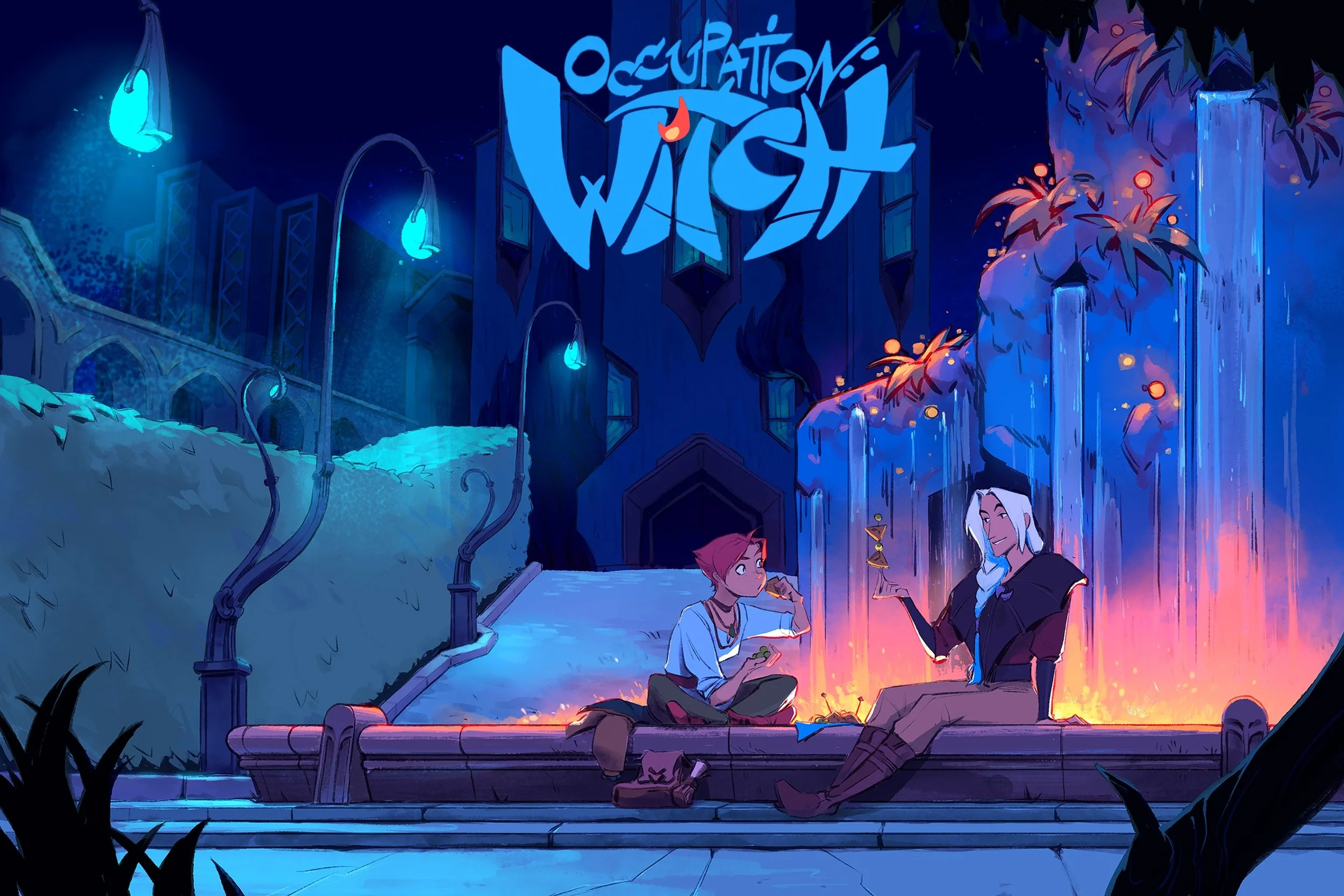 Illustration of two characters sitting by a campfire in front of a large futuristic building with a sign that reads 'OCCUPATION WITCH.' The scene is set at night with glowing blue lanterns, water features, and lush foliage, creating a mystical atmosphere.