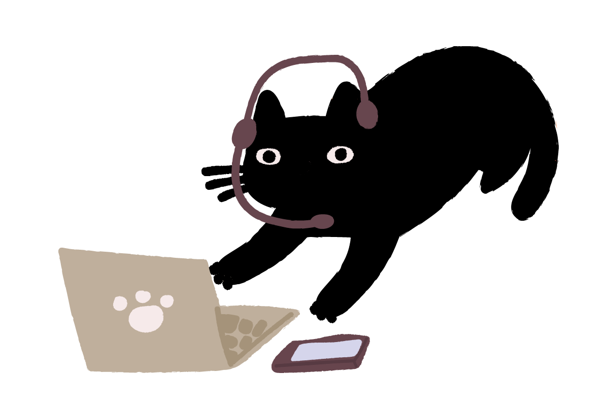 A black cartoon cat wearing a headset, sitting in front of a laptop with a paw print sticker, and a smartphone nearby.