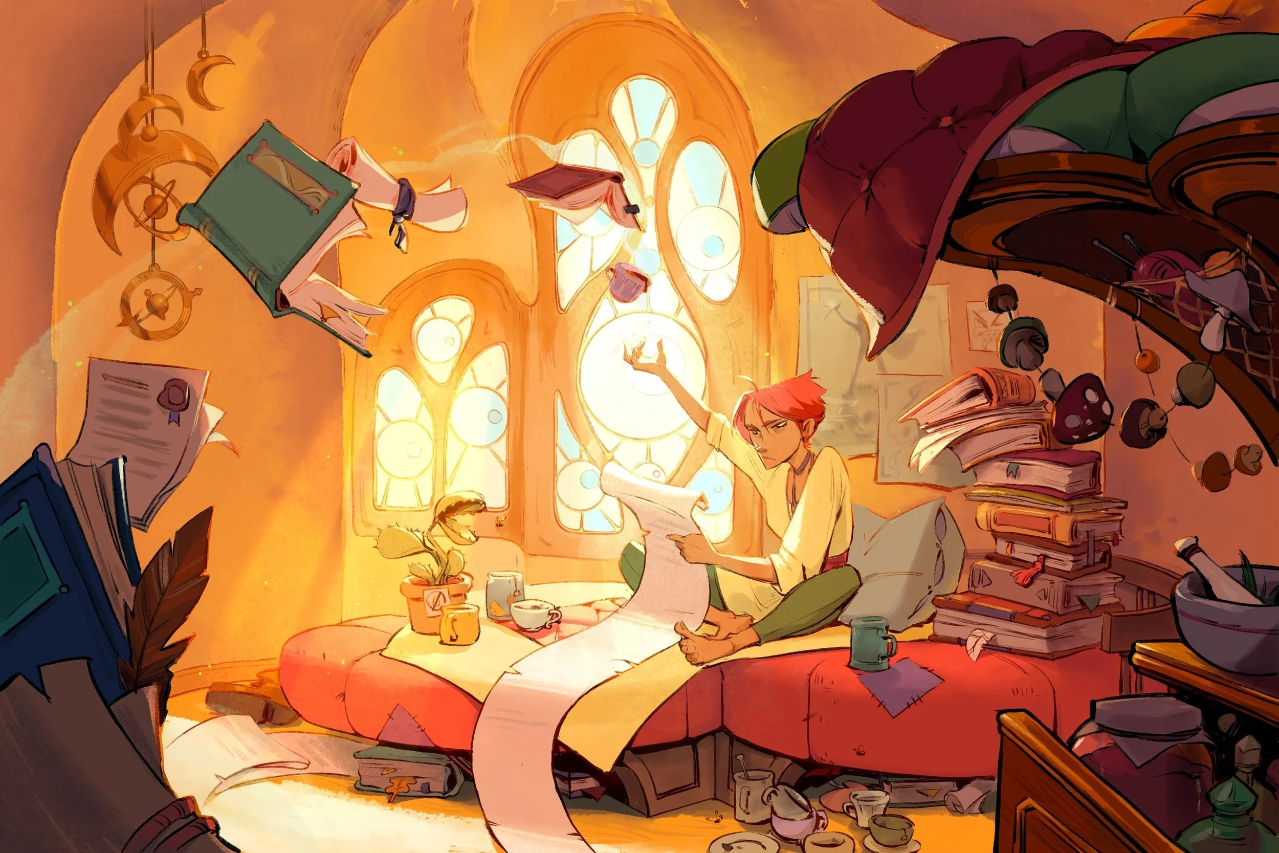 A cozy, cluttered room with a young woman studying on a large bed surrounded by books, papers, and mugs. The warm light filters through stained glass windows, creating a peaceful atmosphere.
