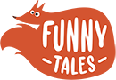 Funny Tales logo with white text handwritten on an orange fox