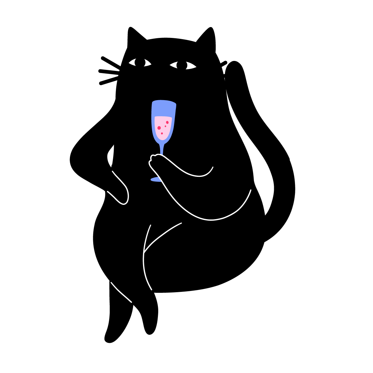 Minimalist line drawing of a cat holding a pink drink in a champagne flute.