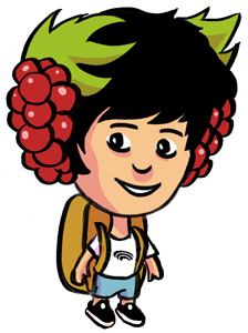 Cartoon character with short black hair, wearing a white shirt, jacket, and sneakers, with a bunch of red grapes in his hair.