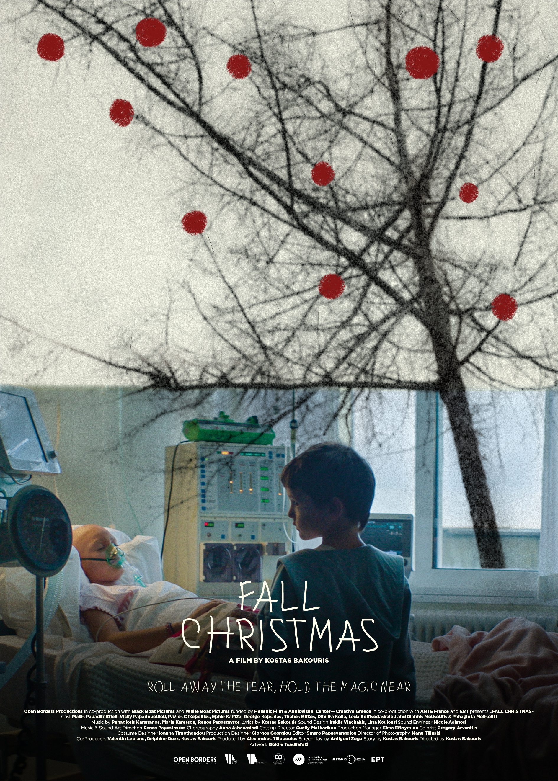 Inside a hospital room during Christmas, a patient with a breathing mask is lying in bed while a young boy sits nearby. Outside the window, leafless trees are visible. The image has text overlay reading 'Fall Christmas' and credits.