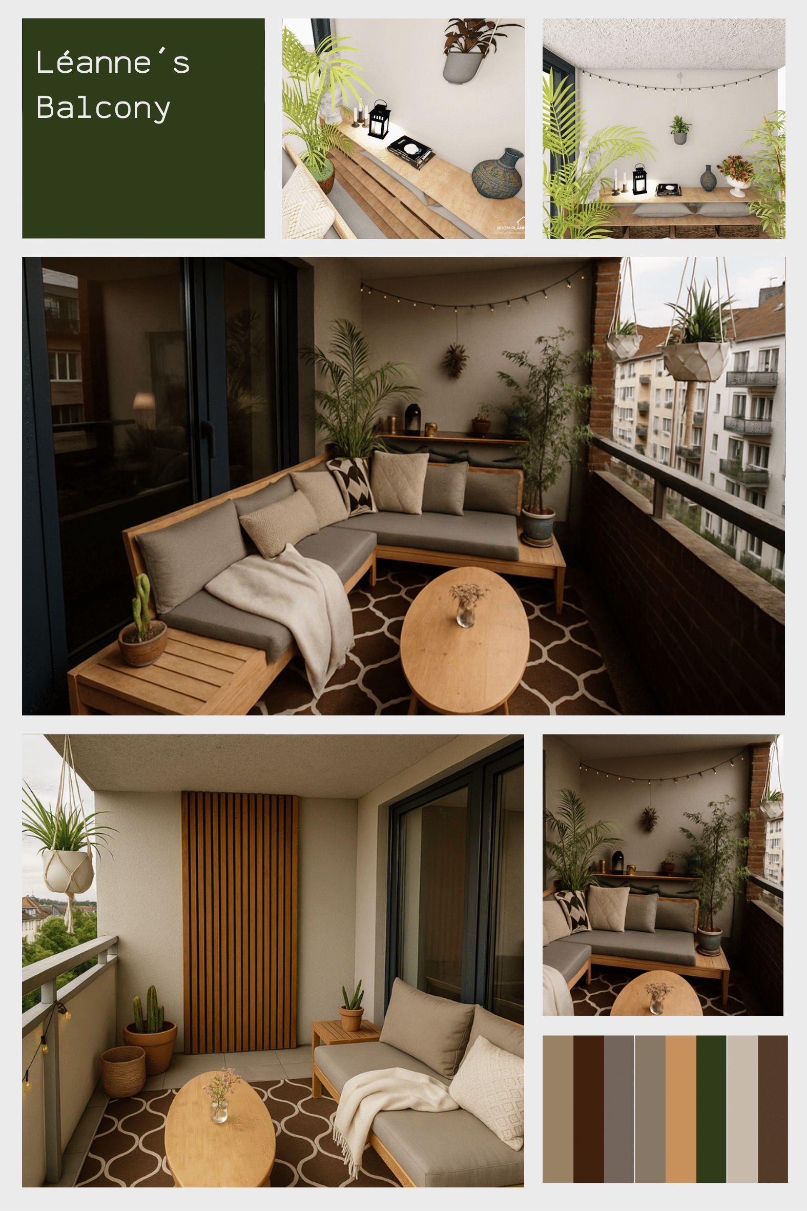 Mehrere Bilder eines Balkons mit Pflanzen, Sitzbereich und Dekorationen, mit Fokus auf Natur- und Erdtöne.