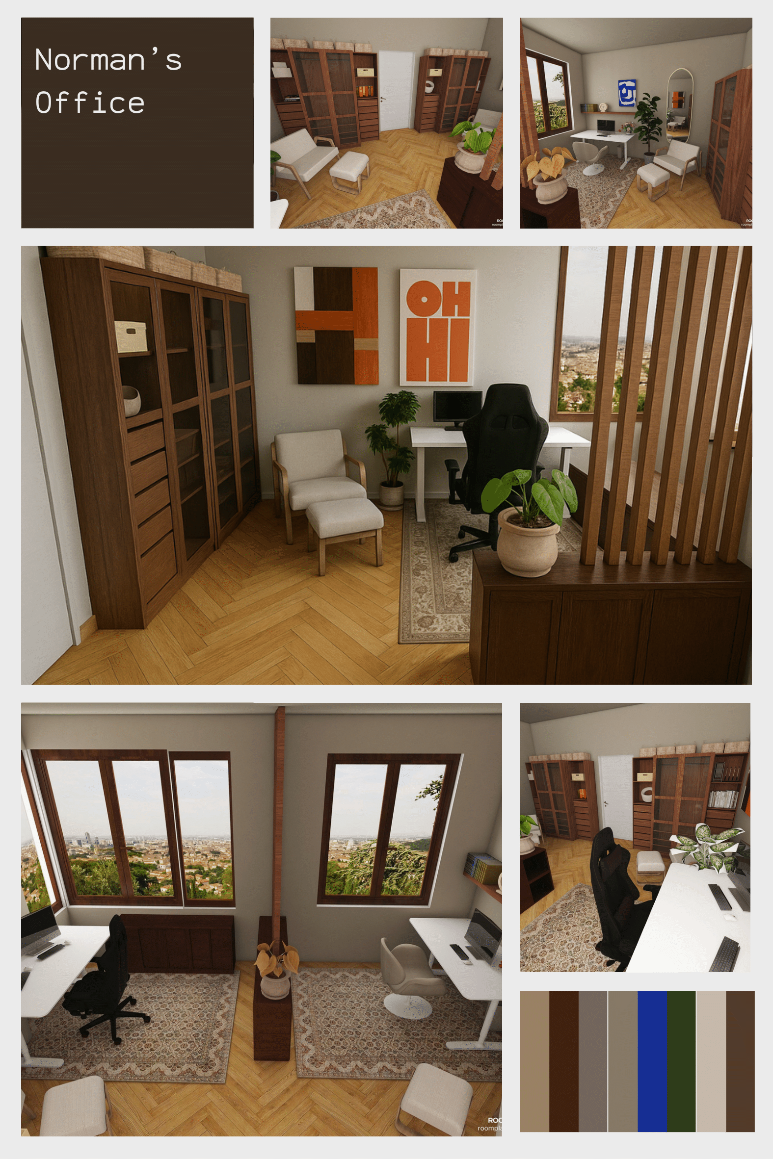 Innenansicht eines modernen, gut beleuchteten Home-Office mit großen Fenstern, Holzboden, weißen und braunen Möbeln, Pflanzen und Wandkunst.