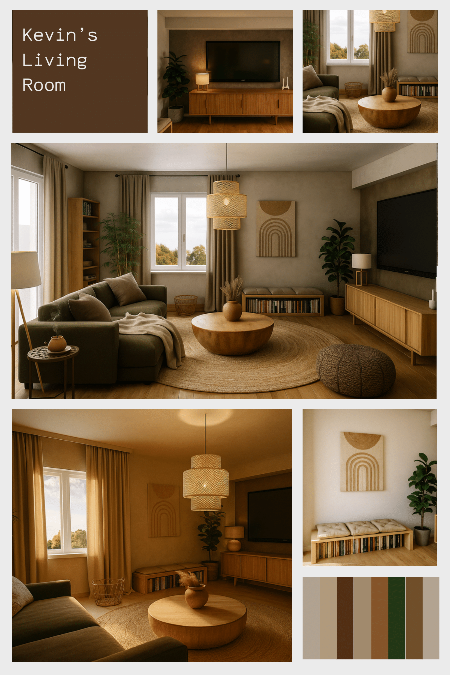 Verschiedene Wohnzimmer Innenaufnahmen mit modernem, warmem Dekor, Holzmöbeln, Pflanzen und natürlichen Stoffen, typische Einrichtung im skandinavischen Stil.